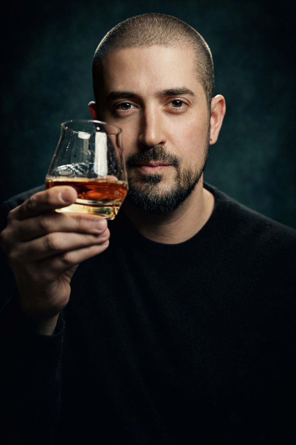 Seth Benhaim raising a whiskey tasting glass
